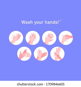 Illustrated step by step instruction how to wash your hands properly. Covid-19 hands hygiene instruction. 
