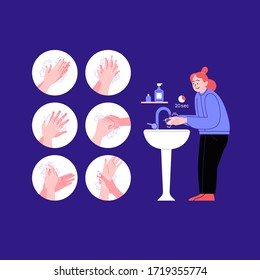 Illustrated step by step instruction how to wash your hands properly. Covid-19 hands hygene instruction. A woman washing hands