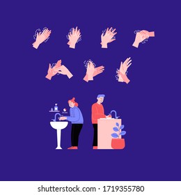 Illustrated step by step instruction how to wash your hands properly. Covid-19 hands hygene instruction. A man and a woman washing hands