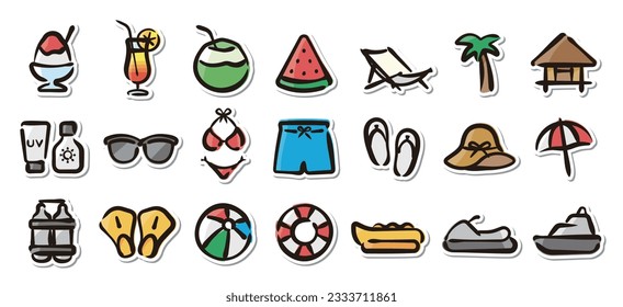 Illustrated sticker set of beach and summer.Quick and simple to use.