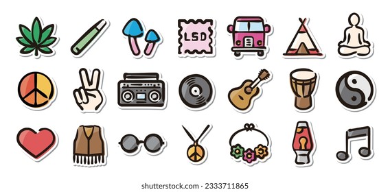 Conjunto de stickers ilustrados de hippie.Rápido y fácil de usar.