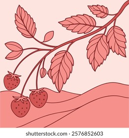 Illustrated Strawberry Plant with Fruit and Leaves in a Monochromatic Style