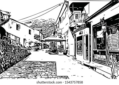 illustrated street with shops and restaurants in Stari Bar