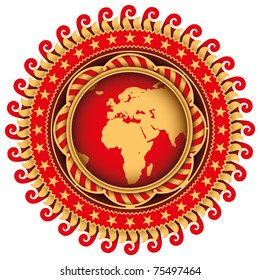 Illustrated stylish emblem with stylized globe. Vector illustration.
