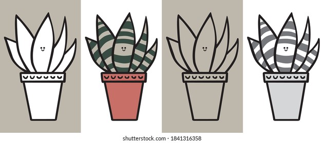 Illustrated succulent cartoon plant in black and white, color, outline and gray and black