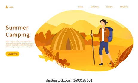Illustrated summer camping concept with woman hiking in desert. Vector illustration