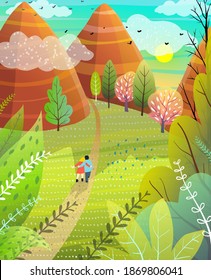 Illustrated Summer Escape to Nature with Hills and Mountains Couple Walking on Road. Cute hand drawn June poster design of countryside. Vector watercolor style landscape postcard.