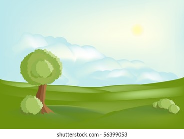 Illustrated summer landscape with the sun, clouds, field and tree