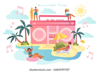 Illustrated summer time theme with music and people sunbathing. Vector illustration