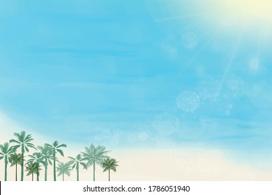 Illustrated summer vacation image. Blurred sun and tropical beach with bokeh background. 
