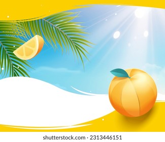 Illustrated sunny sky background template decorated with palm leaves, paper art orange and brush stroke border.