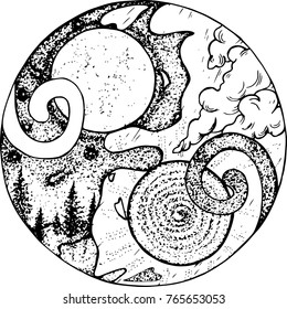 Illustrated symbol of yin yang with two cats. Landscapes of day and night in them.