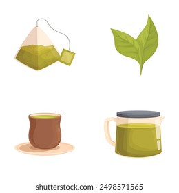 Illustrated tea variety collection with bags, leaves, cups, pots, and more on a clean white background for menu, relaxation, and healthy lifestyle concept