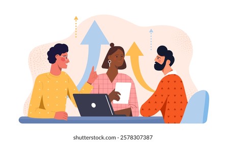 Illustrated team discussing ideas at a table with a laptop, arrows symbolizing growth in the background, representing teamwork and brainstorming. Vector illustration