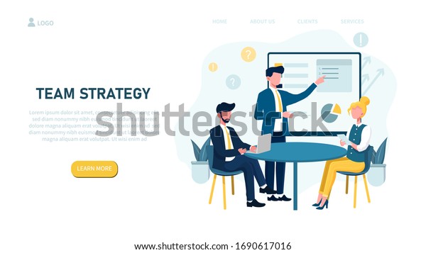 Illustrated team strategy concept with\
people in business meeting. Vector\
Illustration