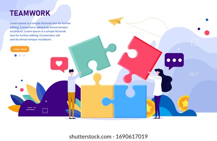 Illustrated teamwork theme and people putting together puzzle. Vector illustration