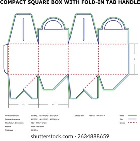 Illustrated template of compact square box with fold-in tab handle and dimensions