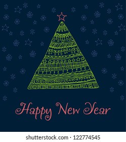 Illustrated template for design and decoration with hand drawn Christmas tree and sample text