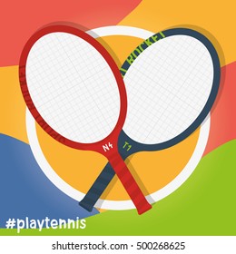 Illustrated tennis racket badge on colorful sporty background. Modern graphic element for all tennis events. Vector