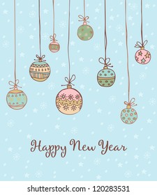 Illustrated text background with Christmas decorative balls. Template for design and decoration New Year's greeting cards