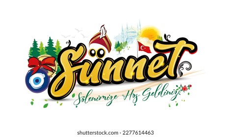 Texto ilustrado que dice "Sunnet Solenimize Hoşgeldiniz" con una mezquita, un sombrero, una bandera turca, un ojo malvado, árboles, pájaros y el sol.