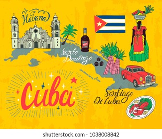 Illustrated tourist map of Cuba. National color, travel and attractions