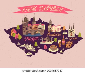 Illustrated tourist map of Czech Republic. National character, travel and attractions