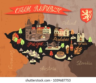 Illustrated tourist map of Czech Republic. National character, travel and attractions