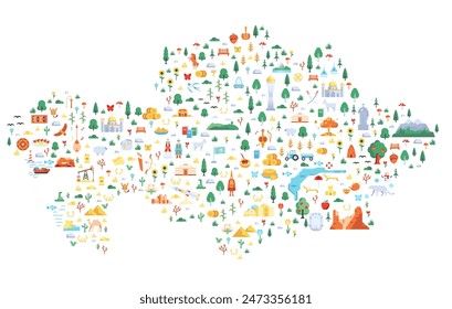 Illustrated tourist map of Kazakhstan with symbols and places of interest. Icons of symbols of Kazakhstan