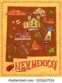 illustrated tourist map of New Mexico, USA. Travel and attractions