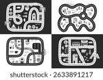 illustrated toy road map with winding paths and scattered houses, trees, flowers, cars, and tunnels on black background in playful flat style, concept of kids toys, children books, early education