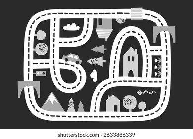 illustriertes Spielzeug Straßenkarte mit gewundenen Wegen und verstreuten Häusern, Bäumen, Blumen, Autos und Tunneln auf schwarzem Hintergrund im spielerischen flachen Stil, Konzept von Kinderspielzeug, Kinderbücher, Früherziehung
