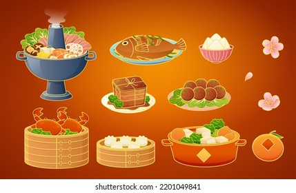 Illustrated traditional CNY reunion dinner dishes isolated red gradient background  Including hotpot  steamed crab  fish  dongpo pork  dumplings  rice cake  meatballs  flowers    tangerine 