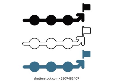 Illustrated train tracks with different colored trains approaching flags