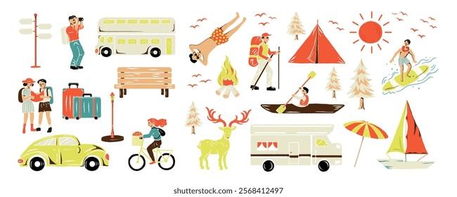 Illustrated travel and camping icons: bus, tent, campfire, canoe, bicycle, and camper. Includes diverse people enjoying outdoor activities and nature. Summer vacation element vector set.