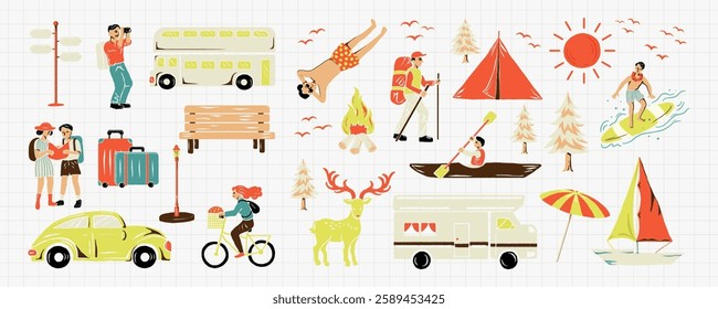 Illustrated travel and camping icons: diverse people hiking, camping, surfing, and cycling. Includes tents, buses, campfires, and vehicles for outdoor adventures. Summer vacation element vector set.