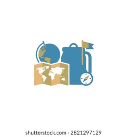 An illustrated travel concept featuring a backpack, globe, world map, and compass, representing exploration, vacation planning, and global adventure journeys.