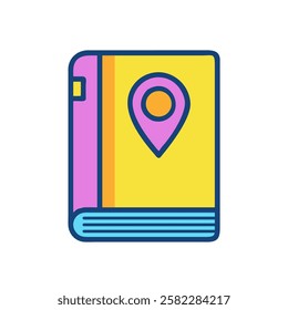 Illustrated travel guide book with location pin symbolizing navigation and tourism