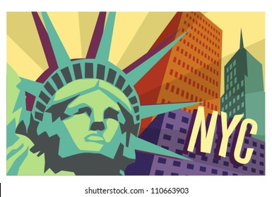 illustrated travel poster of NYC and Statue of Liberty