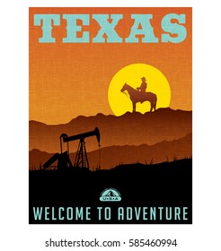  Illustrated travel poster or sticker for Texas with oil wells, rocky ridge and sunset