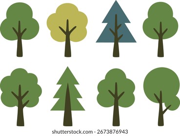 Illustrated Tree Collection with Various Styles and Colors Perfect for Graphic Design and NatureRelated Projects on White Background