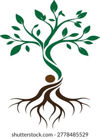 An illustrated tree with green leaves and roots growing from a brown seed