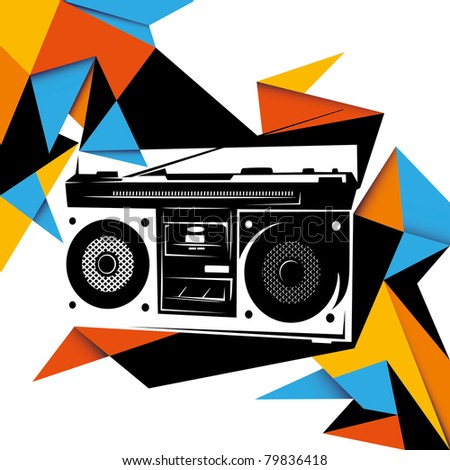 Illustrated trendy background with retro radio. Vector illustration.