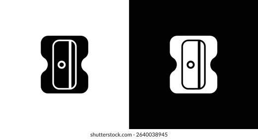 Illustrated are two pencil sharpener icons, one black on white and another white on black, offering a contrasted visual representation. 158 characters.