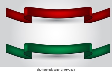 Illustrated two realistic red and green glossy shining vector ribbon for top or bottom in the center of your design, poster, card, brochure etc