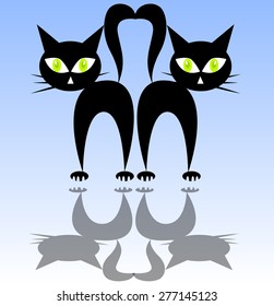 Illustrated two stylish black cats in love.
