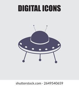 An illustrated UFO floats, a digital rendering of a flying saucer icon, conveying science fiction themes and technological imagery.