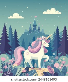 An illustrated unicorn with a floral crown in a magical forest, castle in the backdrop, night scene, fairy tale concept, Vector illustration. Vector illustration