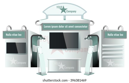 Illustrated unique creative exhibition stand display design. Booth template. Corporate identity. Vector Mock-up