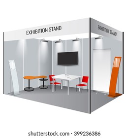Illustrated Unique Creative Exhibition Stand Display Design With Table And Chair, Info Board, Roll Up. Booth Template. Corporate Identity. Display Mock-up.  Vector Mock-up